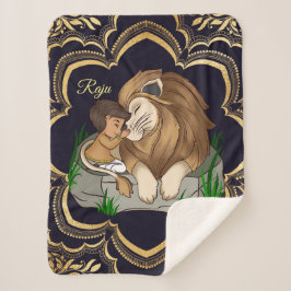 Couverture Sherpa Baby boy and lion on on a black mandala background