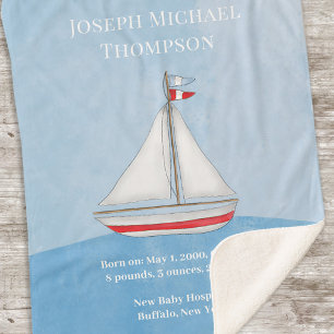 Couverture Sherpa Baby Boy Blue Watercolor Voilier Océan Nautique