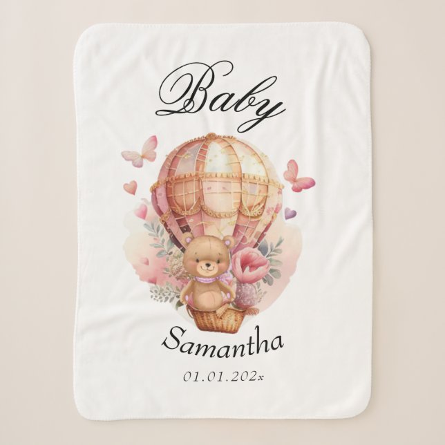 Couverture Sherpa Baby shower de ballon à air chaud Teddy Bear rose (Devant)