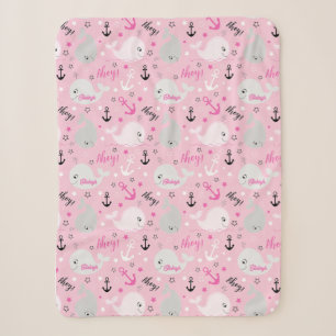 Couverture Sherpa Baleines Ancres nautiques Soft rose Girl Baby Nurs