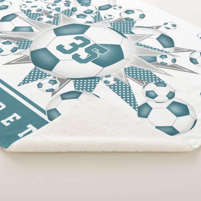 Couverture Sherpa Ballons de football blanc turquoise étoiles filles (3/4)