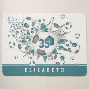Couverture Sherpa Ballons de football gris turquoise étoiles filles 