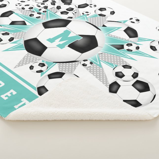 Couverture Sherpa ballons de football turquoise clair étoiles filles (3/4)