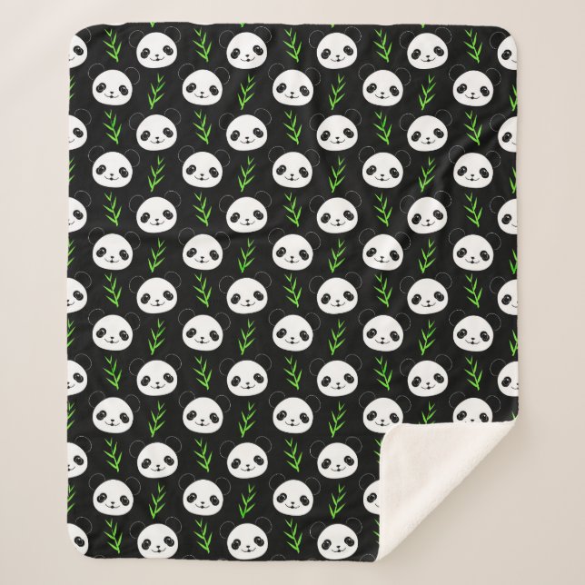 Couverture Sherpa Bambou Motif Kawaii Panda En Blanc Noir (Devant)