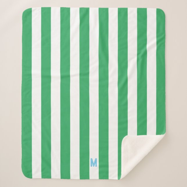 Couverture Sherpa Bande de cabane verte et monogramme bleu personnal (Devant)