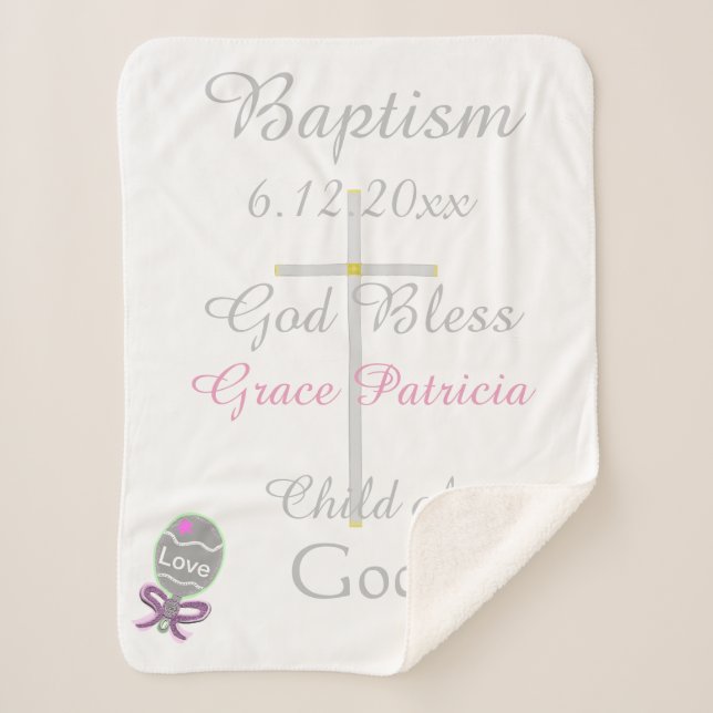 Couverture Sherpa Baptême Cross Girl Rose Rattle Medium (Devant)