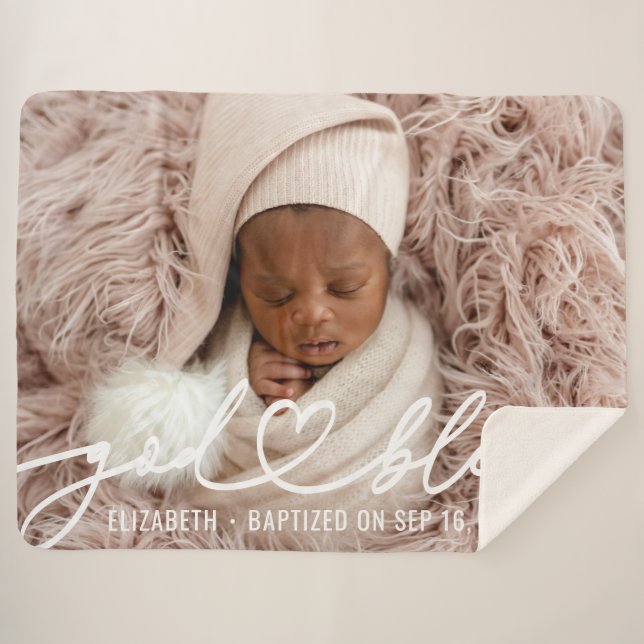 Couverture Sherpa Baptême Simple Élégant Moderne Coeur Bébé Photo (Devant (Horizontal))