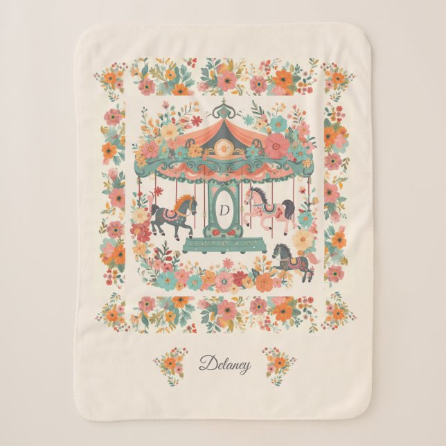 Couverture Sherpa Beau Carrousel Floral Cheval Monogramme Personnali (Devant)