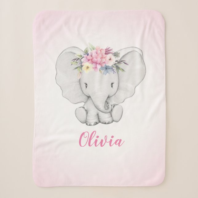 Couverture Sherpa Bébé de fille personnalisé par éléphant floral (Devant)