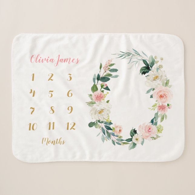 Couverture Sherpa Bébé floral mignon fille Jalon mensuel bébé (Devant (Horizontal))