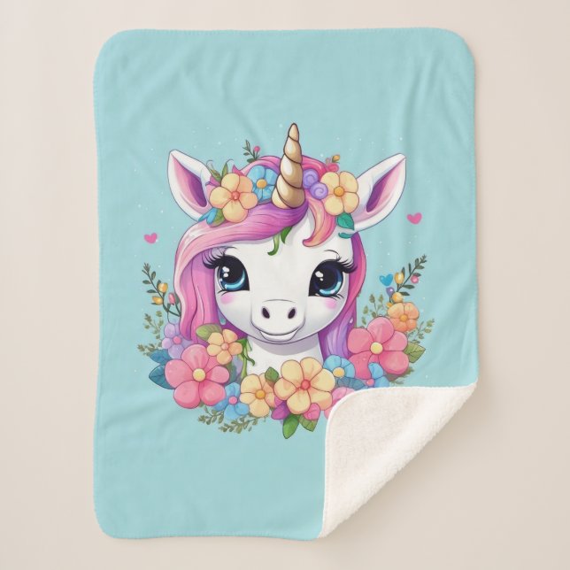 Couverture Sherpa Bébé magique licorne avec fleurs (Devant)