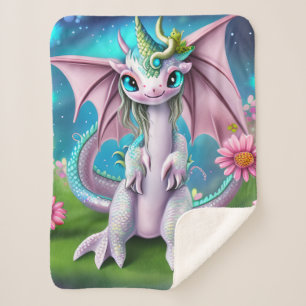 Couverture Sherpa Bébé mignon et souriant Dragon aux fleurs