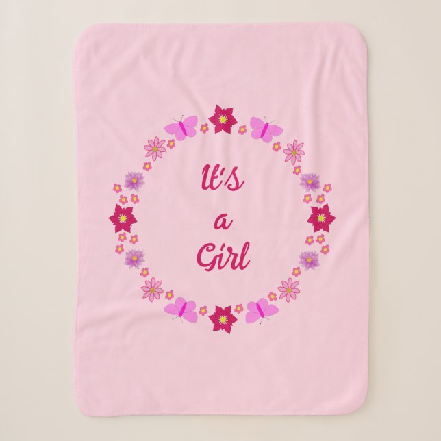 Couverture Sherpa Bébé rose Papillons et fleurs personnalisés (Devant)