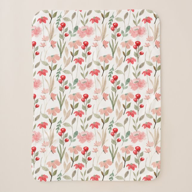 Couverture Sherpa Berry Rouge Blush Pink Motif Floral (Devant)