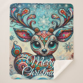 Couverture Sherpa Big Eye Christmas Reindeer Folk Art Personalized