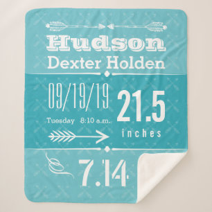 Couverture Sherpa Birth Record Baby Boy Birth Stats Turquoise Blue