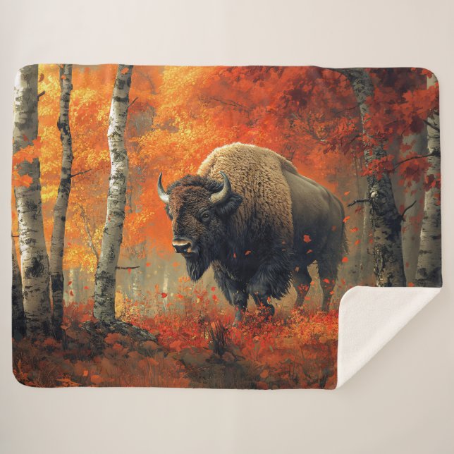 Couverture Sherpa Bison dans l'artisanat boisé d'automne (Devant (Horizontal))