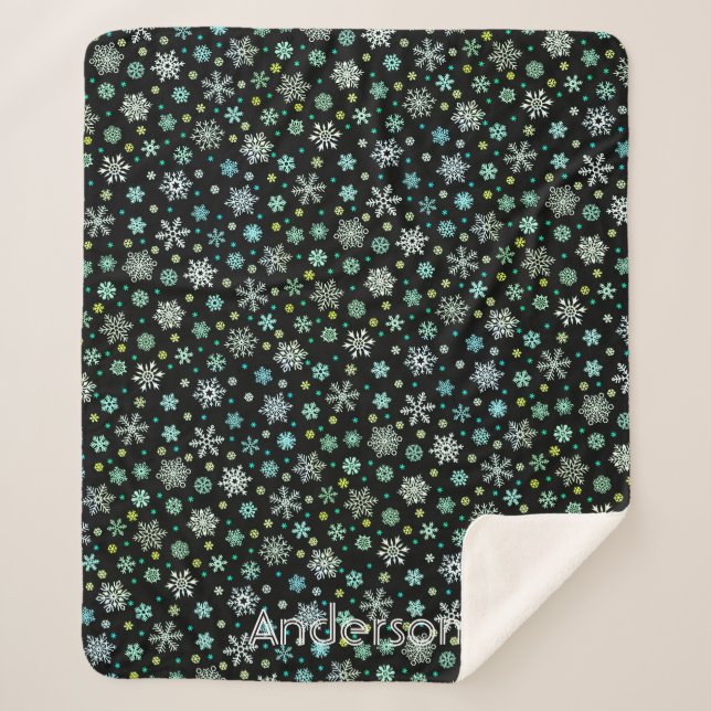 Couverture Sherpa Black Modern Chic Élégant Snowflakes Nom personnal (Devant)