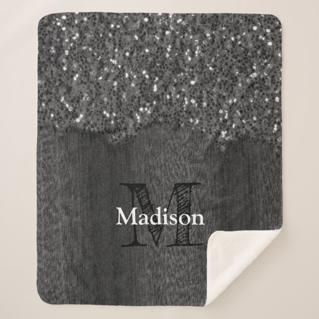 Couverture Sherpa Black white faux sparkles rustic wood Monogram (Devant)