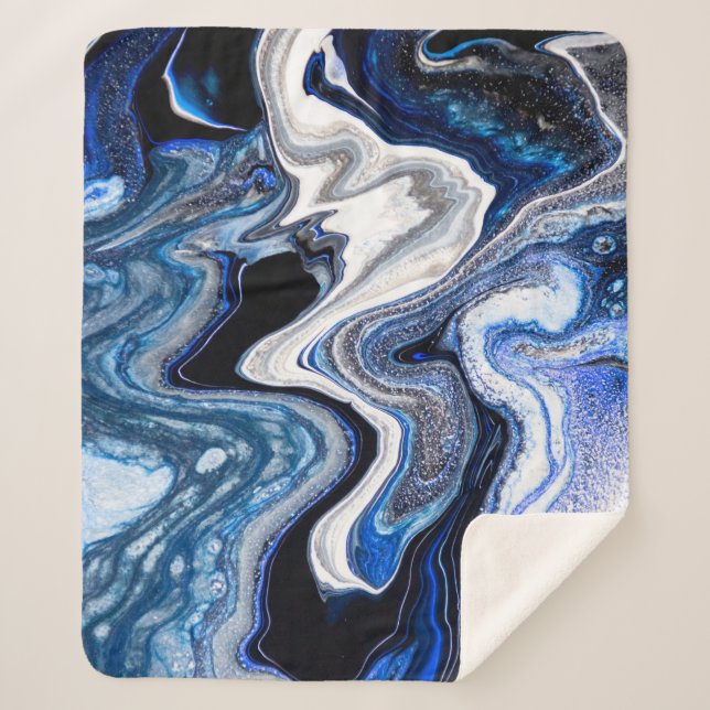 Couverture Sherpa Blanc argenté, texture marbré d'eau profonde. (Devant)