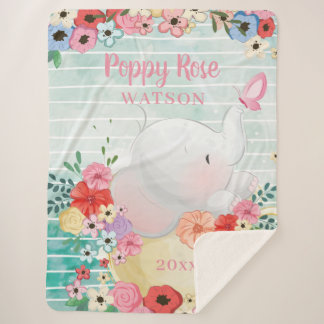 Couverture Sherpa Blanche Sherpa Elephant avec Fleurs + Nom personna