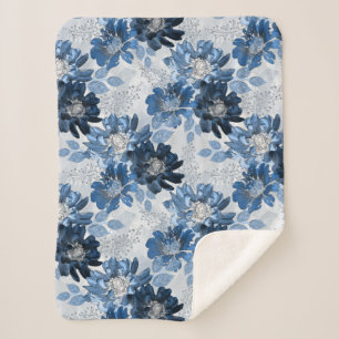 Couverture Sherpa Bleu clair, fleurs bleu foncé sur gris clair