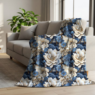 Couverture Sherpa Bleu Classique Blanc Ivoire Floral Chaud Sherpa