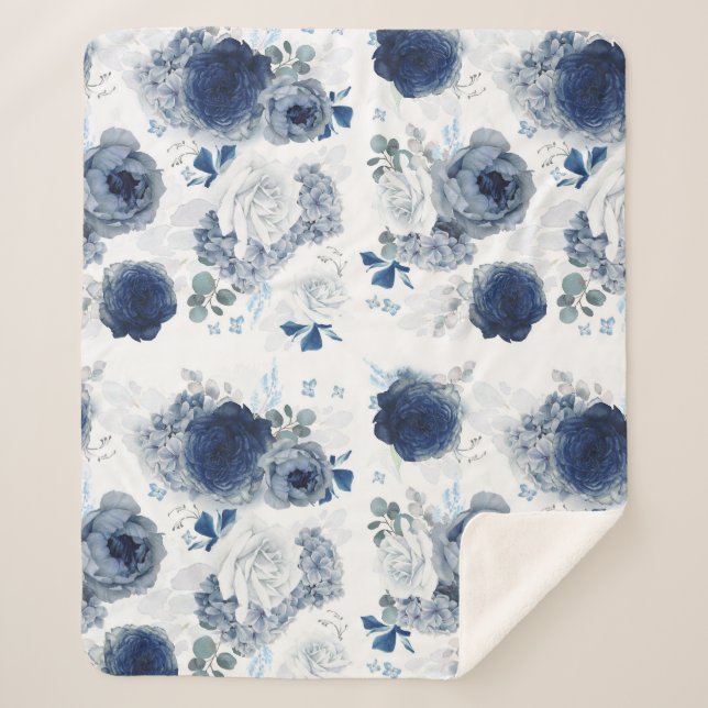 Couverture Sherpa Bleu Dusty et Fleurs Bleues Marine Élégant (Devant)