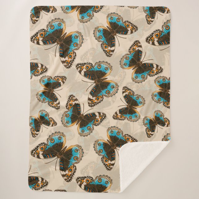 Couverture Sherpa Bleu motif papillon Pansy sur blanc (Devant)