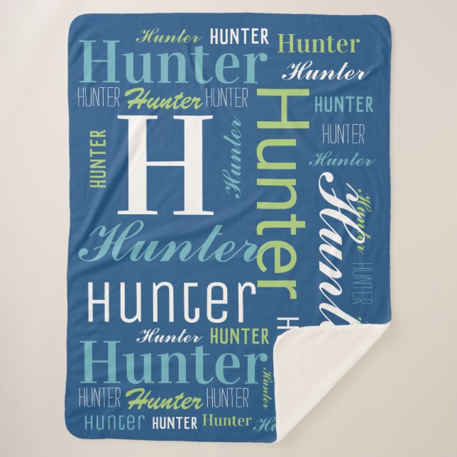 Couverture Sherpa Bleu - Nom vert et Monogram Cloud Word Art (Devant)