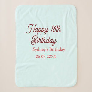 Couverture Sherpa Bleu pastel rouge joyeux 16e anniversaire nom date