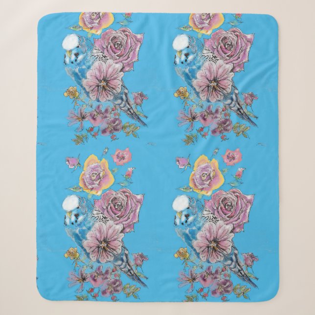 Couverture Sherpa Blue Budgie Cute Whimsical Rose filles Bleues (Devant)