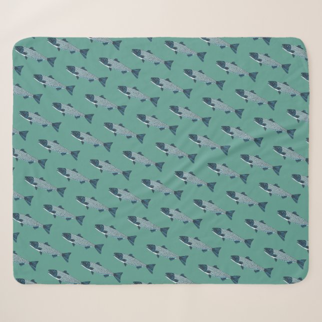 Couverture Sherpa Blue Folk Art Trout/Saumon (Devant (Horizontal))