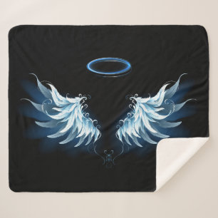 Couverture Sherpa Blue Glowing Angel Wings on black background