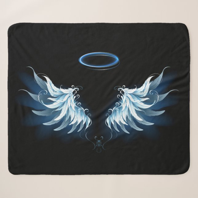 Couverture Sherpa Blue Glowing Angel Wings on black background (Devant (Horizontal))
