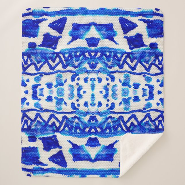 Couverture Sherpa Blue watercolor tribal ethnique sans couture motif (Devant)