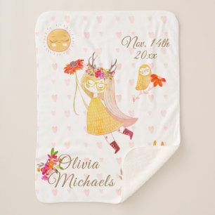 Couverture Sherpa Boho Amour Petite Fille Hibou Lapin Date Nom