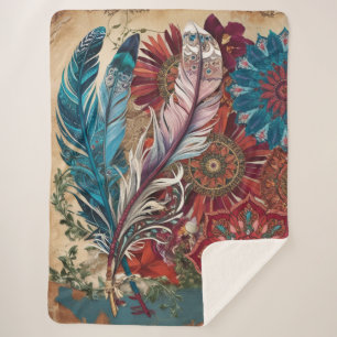 Couverture Sherpa Boho Chic Mandala mystérieux à plumes