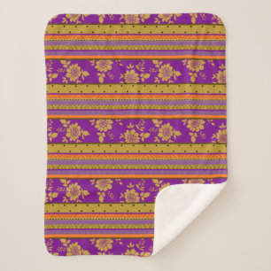 Couverture Sherpa Boho Chic violet orange Motif à rayures florales
