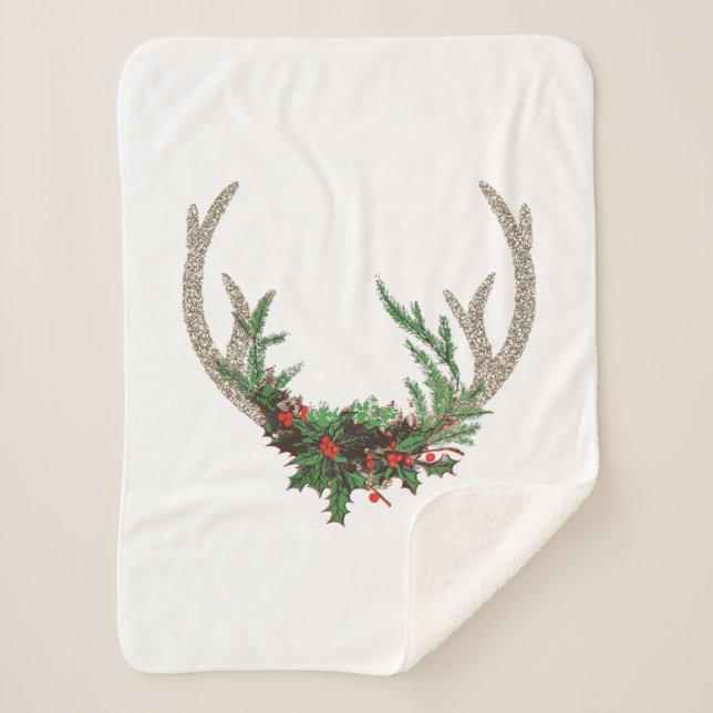 Couverture Sherpa Boho Deer Antlers | Floral de Noël rouge rustique (Devant)