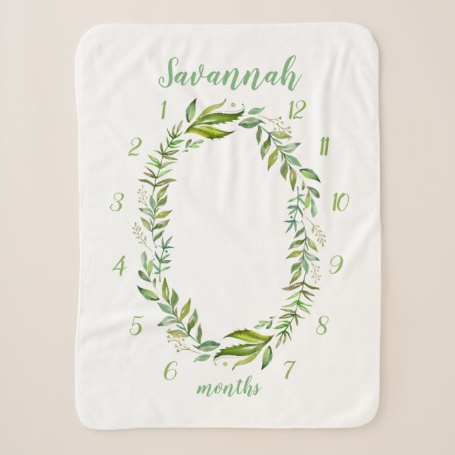 Couverture Sherpa Boho Feuilles Baby Name Monthly Milestone Photo (Devant)