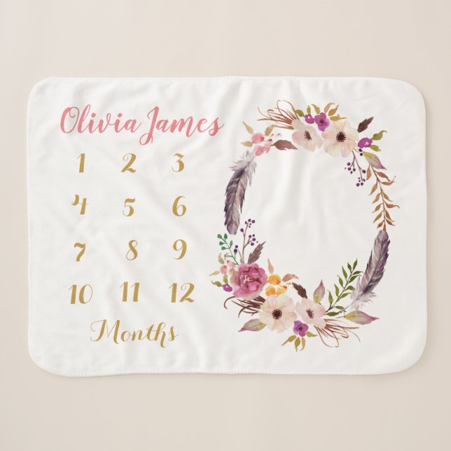 Couverture Sherpa Boho Floral Baby Milestone mensuelle Sherpa Blanke (Devant (Horizontal))