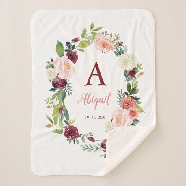Couverture Sherpa Boho Floral Wreath Bourgogne Sherpa Blanche (Devant)