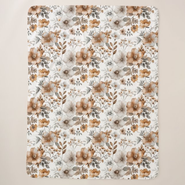 Couverture Sherpa Boho Gris Beige Brown Floral Fleurs Aquarelle (Devant)