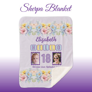 Couverture Sherpa Bonjour 18 2 photo nom date fleurs violet