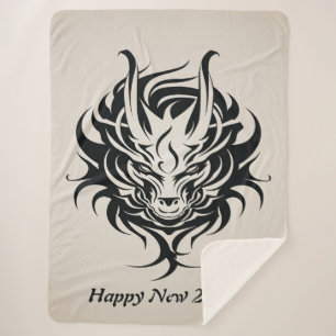 Couverture Sherpa Bonne année 2024 de visage de dragon noir