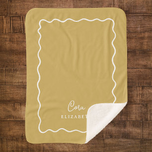 Couverture Sherpa Bordure en moutarde jaune ondulé Monogramme