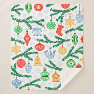Couverture Sherpa Boules d'arbres de Noël vintage, décorations sans