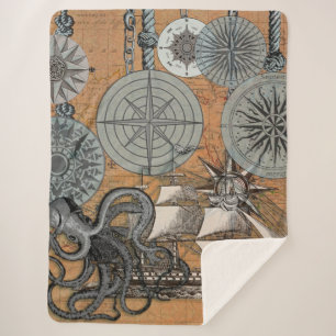 Couverture Sherpa Boussole Rose Vintage Nautique Octopus Ship