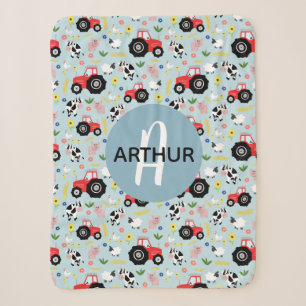 Couverture Sherpa Boys Cute Farm Animal Tracteur Motif et nom Kids